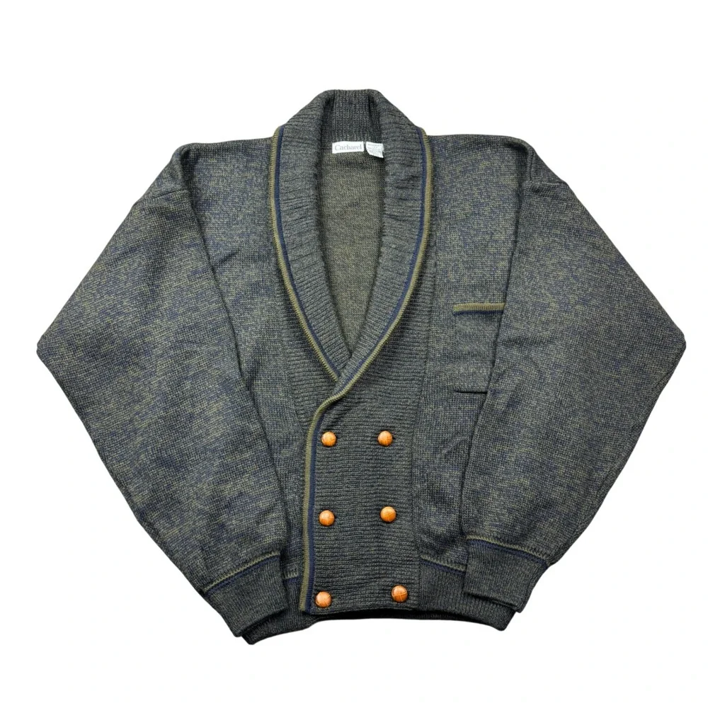 Vintage Cacharel Men Large Shawl Collar Cardigan Wool Blend Green Blue Heathered